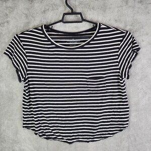 Womens American Eagle Shirt White Black Stripe Pullover Short Sleeve Size Medium